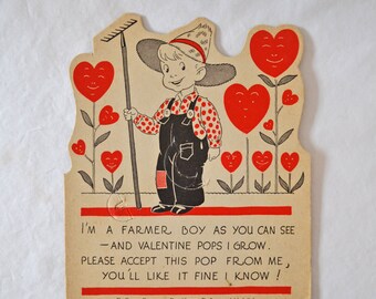 Vintage Lollipop Valentine Card 1940's E Rosen Company Farmer Boy Valentine's Card