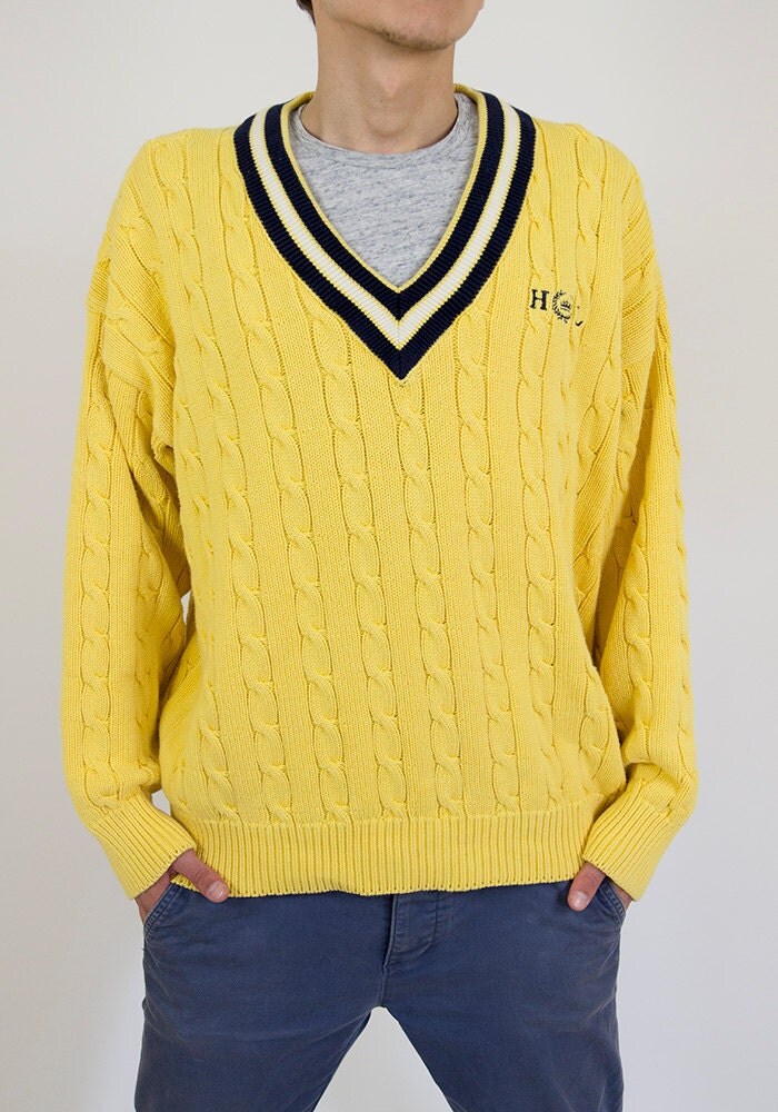 Vintage men' s sweater yellow aran knit sweater men'