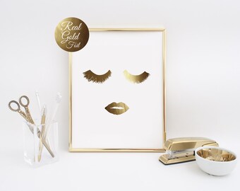 Gold Foil Wall Art lips print fashion print gold lips wall art home office decor Gold Foil Wall Art lips print fashion print gold lips wall art home office decor
