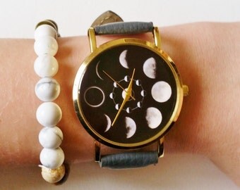 Moon Phases Wrist Watch - moon watch, moon jewelry, womens watches, unique watches, moon phase jewelry, faux leather watch, ladies watches