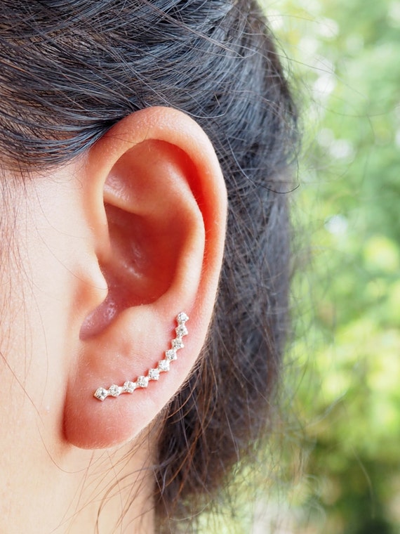CZ Diamond Curved Ear climber Earrings 925 Sterling Silver