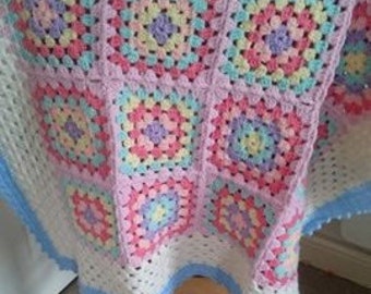 Crochet Baby Blanket girl pastels traditional grannysquare handmade babygift 29" 75cm
