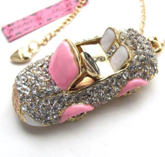 Car Pink Enamel Pave Crystal Necklace Gold by CaliSistersCreate