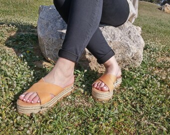 Espadrilles Sandals, Leather Sandals Flatform, Criss Cross Sandals, Platform Sandals Shoes Natural/Black/Rose Gold.