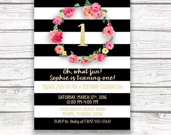 First Birthday Invitation Girl, Black and White Floral Birthday Invitation, Pink and Gold Birthday Invitation, Stripe First Birthday Invite