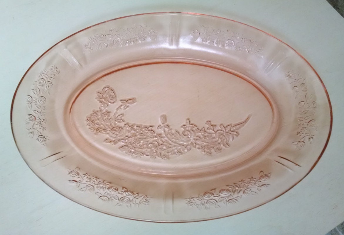 Pink Sharon Cabbage Rose Depression Glass 12 1/2 Inch Oval