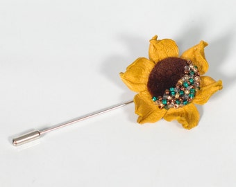 Sunflower lapel pin leather brooch Yellow flower lapel pin women jewelry Boutonniere Handmade brooch Gift for mom gift Girlfriend