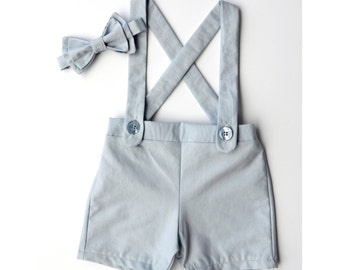 light blue baby suspender shorts- ring bearer outfit, shorts overalls- boys suit- suspenders shorts- baby wedding outfit- shortalls