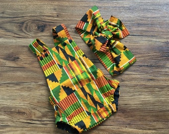 African Kente Baby Romper, Girls Romper, Head Wrap, Tribal, Hair Bow, African Baby Clothes, Baby Rompers, Newborn Romper
