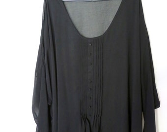 Vintage 1990s Black Sheer Chiffon Oversized Drapey Batwing Blouse Top with Button and Pleat Tuxedo Detailing and Handkerchief Hem