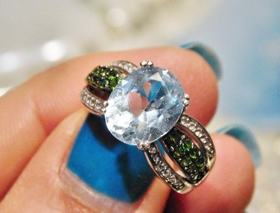 Blue Topaz Ring 3.50 Ct Sky Blue Topaz and Emerald Green Chrome Diopside Ring Genuine Natural Gemstone 925 Sterling Silver Size 6