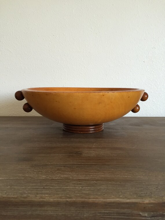 Wood Bowl with Applied Knob Handles Art Deco Wood Bowl