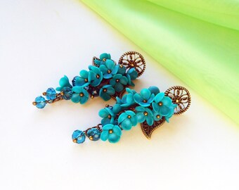 Cluster Earrings Turquoise flowers handmade of polymer clay Fashion jewelry Floral long earrings Earrings bridesmaid Turquoise weddings