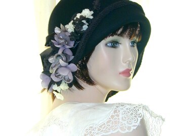 Black Custom Convertible 6 in 1 cloche w/ floral fascinator- Downton Abbey hat, Miss Fisher, Great Gatsby hat