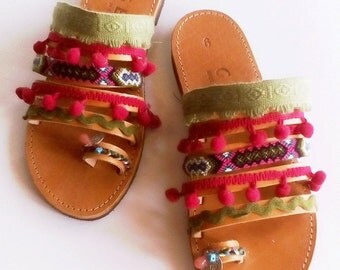 greek sandals, leather sandals, handmade shoes, pom pom garland, girls sandals, bohemian shoes,friendship bracelets,slip on shoes,flat shoes