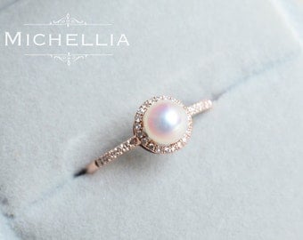 14K/18K Saltwater Akoya Pearl Engagement Ring with Halo Diamond, Rose Gold Pearl Ring, Akoya Pearl Promise Ring, Bridal Jewelry Gift