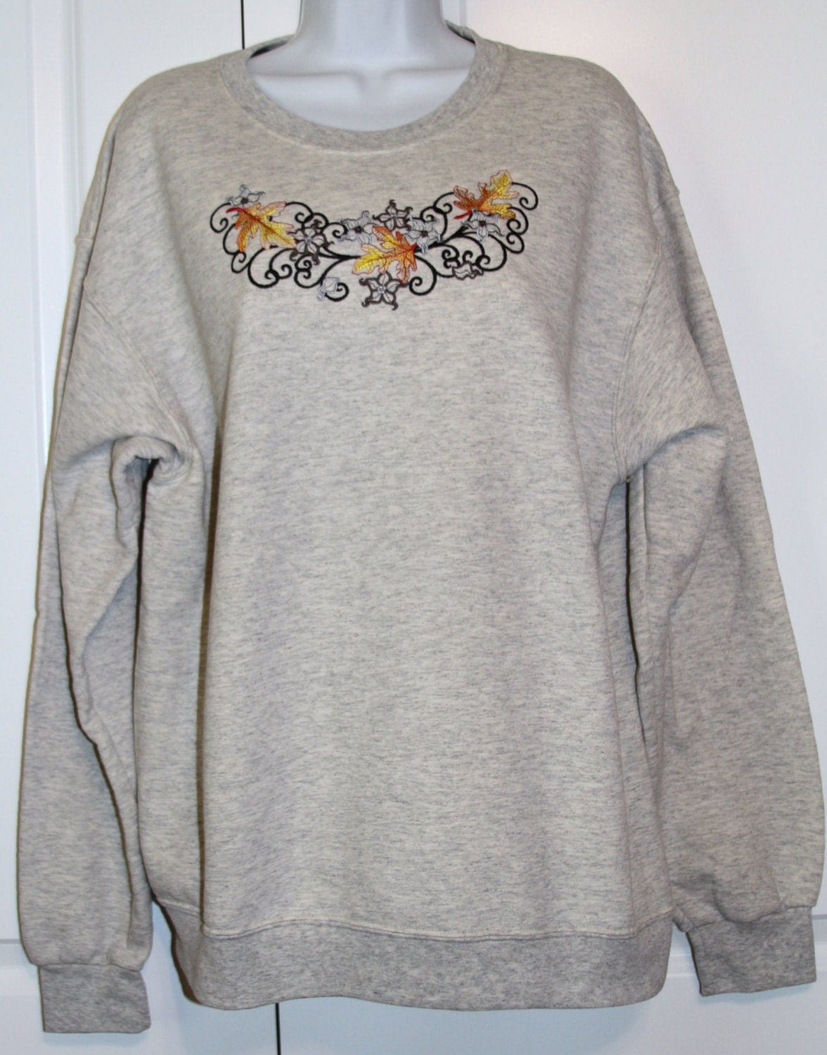 Embroidered Fall Sweatshirt Light Gray Autumn Leaves and Black