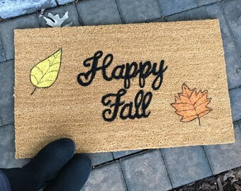 Happy Fall Door Mat, Custom Door Mat, Welcome Mat, Hand Painted Door Mat, Painted Doormat, Doormat, Door Mat with Leaves, Original Doormats
