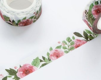 Red Camellia Floral Washi Tape 15mm/ Tea Rose Washi Tape/ Red Rose Washi Tape/ Pink Floral Washi Tape/ Spring Summer Washi Tape