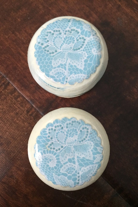 2 inch knobs, shabby cottage, French country, blue, lace ...