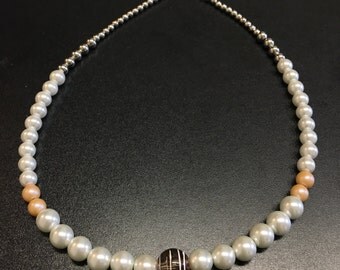 Peach White & Silver Necklace Lobster Claw Clasp