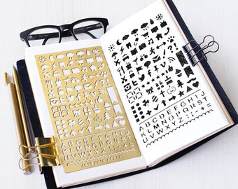 Bullet Journal Stencil, Planner Stencil, Useful Icons Stencil - fits A5 journal & Midori Regular (Useful L)