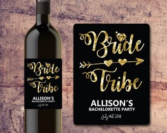 BRIDE TRIBE WINE Bottle Label - Bachelorette Party Wine Label Gift, Invite, Favor, Faux Gold