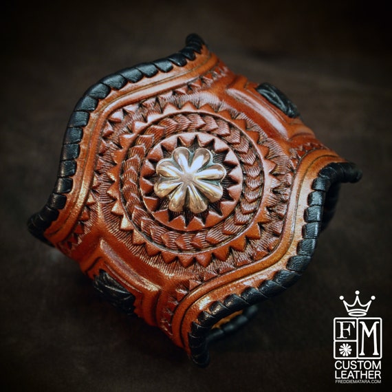 Leather Cuff Bracelet, tooled, braided formed with copper conchos! made for YOU in NYC by Freddie Matara
