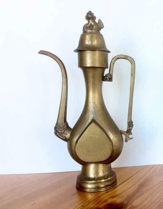 Old Brass Turkish Coffee Pot with Foo Dogs Shi Lions. Heavy