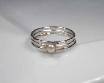 Freshwater pearl rings, sterling stack rings set of 3, hammered silver rings