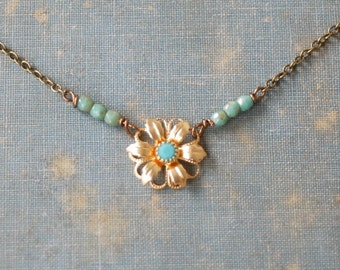 Minimalist gold flower turquoise necklace/layering necklace/tiny beaded/boho necklace. Tiedupmemories