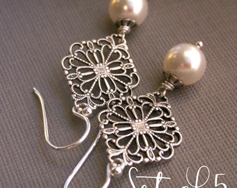 Bridesmaid earrings, set of (5) five pearl earrings, sterling silver, filigree earrings, vintage inspired, white pearls, bridesmaid gift,