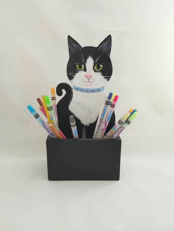 CAT PENCIL HOLDER Tuxedo Cat Functional Wood by KittyCatArtStudio