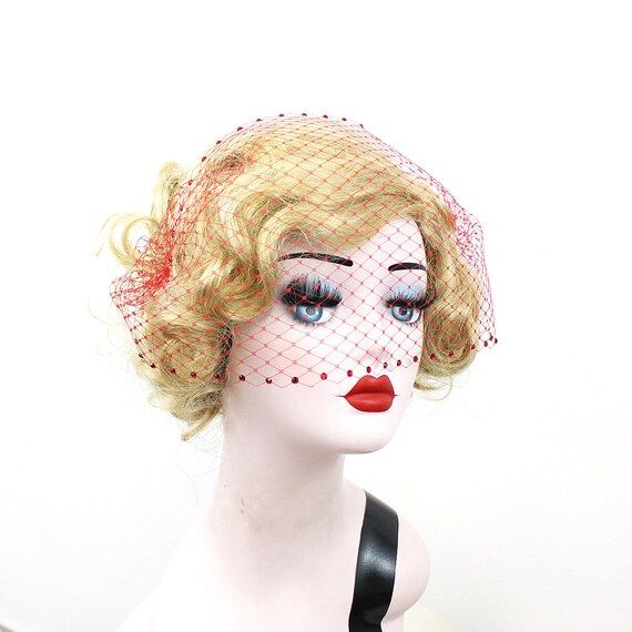 Red Birdcage Wedding Veil Crystal Veil Blusher by BatcakesCouture