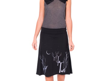 Lovely Skirts for Women, Black Knee Length Skirt, Handmade a-line skirt, Pull on skirts Woman Midi skirt - Lovely Neighbors From the Woods
