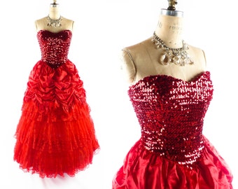 ntage 80s Prom Dress // 1980s Prom Dress // Sequin Dress // Loralie Dress // Overskirt Dress // Strapless Dress - sz S