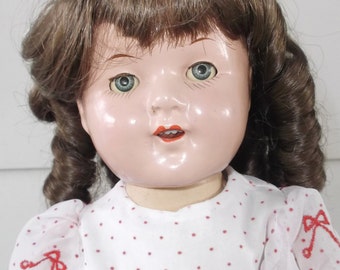 1940s Vintage Composition Doll with Brown Wig Sleep Eyes 16 Inch