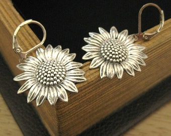 Silver Sunflower Earrings shabby chic earrings folk wedding sunny earrings sunflower jewelry summer earrings gift for her sunflower dangles