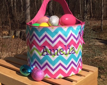 Pink and purple multi- colored Chevron Easter OR Halloween Bucket. Personalized Easter bag. Monogrammed Easter Tote. Halloween Candy bag.