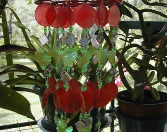 1 Tier Red Capiz , Green Iridescent Butterflies and Glass Bead Wind chime
