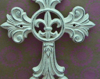 Fleur de lis Cross Wall Decor Off White Cream Distressed FDL Shabby Style Chic French Paris Ornate Decoration Cast Iron