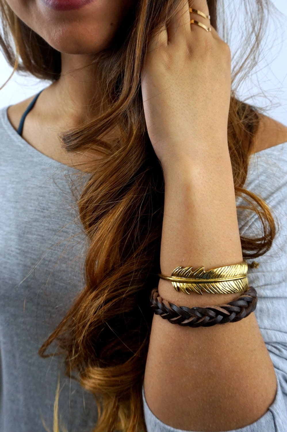 Feather Cuff Bracelet Bohemian Wrap Bracelet Stackable Gold