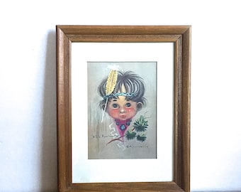 Monteague American Indian Boy Framed Picture Signed