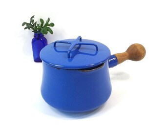 vintage 60s 70s dansk saucepan kobenstyle enamelware blue enamel trivet lid sauce pan wood handle ihq france danish modern mid century pot