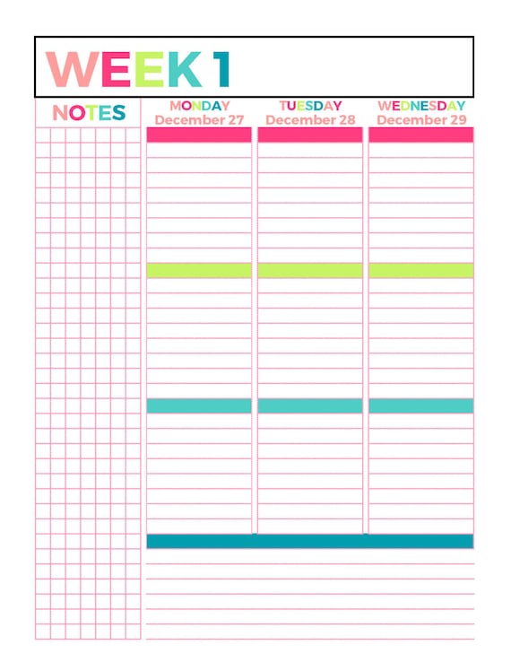 Bright Weekly Dated Planner Printable Week on 2 Pages Lined