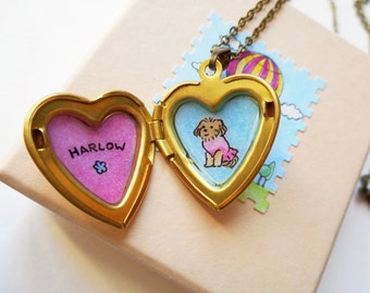 Pet Portrait Jewelry - Custom Portrait from Photos with Personalized Name - Heart Locket Necklace - Pet Lover, Pet Memorial, Pet Loos Gift