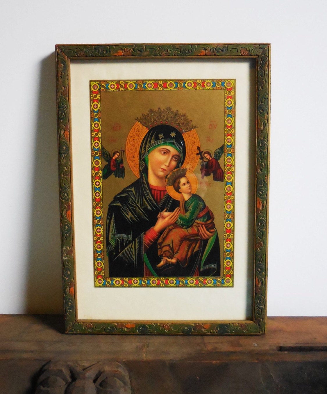 Antique framed religious Art print Our Lady of by SalvageRelics