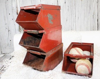 Red Metal Stacking Bins, Industrial Parts Bin, Vintage