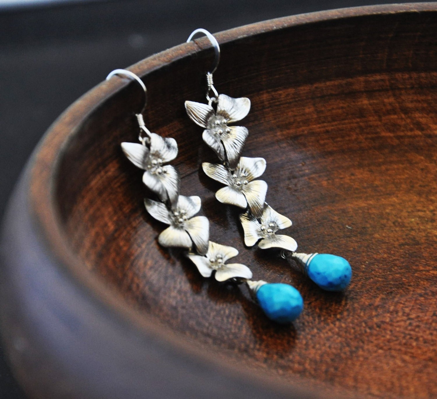LAST ONE-Silver Dogwood Earrings with Turquoise Gemstones/ Dogwood Flowers Earrings/ Long Dangly Earrings/ Gemstone Earrings