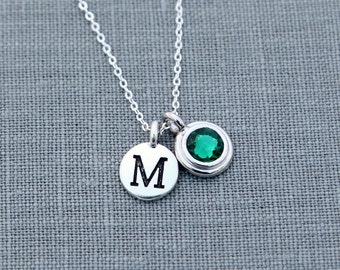 Personalized Birthstone Necklace with Initial, New Mom Jewelry, Emerald Necklace, May Birthstone Initial Necklace